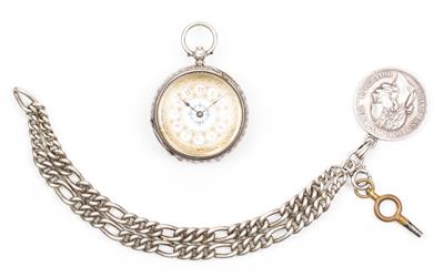 Schlüsseltaschenuhr mit Uhrkette und Münzanhänger - Jewellery and watches