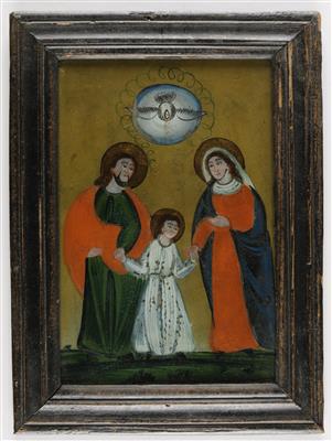 Hinterglasbild, Heilige Familie mit Heilig-Geist-Taube, frühes Sandl, 19. Jahrhundert - Arte e antiquariato