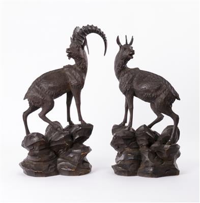 Paar Skulpturen: Steinbock und Gämse auf Felssockel, Umkreis Werkstatt Heissl in Ebensee, Oberösterreich um 1900 - Arte e antiquariato