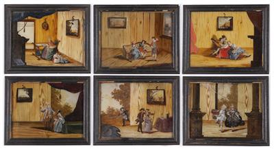Serie von 6 Hinterglasbildern"Liebesalter", Augsburg, 3. Viertel 18. Jahrhundert - Antiques and art