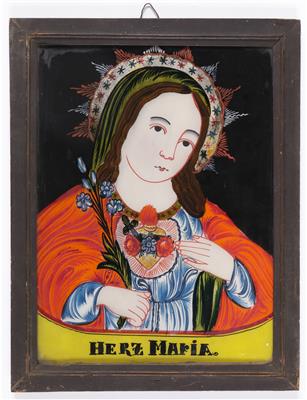Großes Hinterglasbild "Herz Maria", Sandl in Oberösterreich, 19. Jahrhundert - Umění a starožitnosti