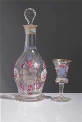 Karaffe mit Stöpsel und Likörglas, Oberschwarzenberg in Südböhmen, 19. Jahrhundert - Arte e antiquariato