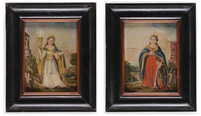 Paar Heiligenbilder: Hl. Barbara  &  Hl. Katharina, 19. Jahrhundert - Obrazy