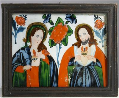 Hinterglasbild "Hl. Maria und Christus mit brennenden Herzen", Sandl in Oberösterreich, 19. Jahrhundert - Kunst, Antiquitäten & Weihnachtskrippen