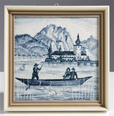 Bildplatte "Schloss Orth im Traunsee", Entwurf wohl Ernst Huber (Wien 1895-1960) für Schleiss Gmunden - Kunst, Antiquitäten & Teppiche