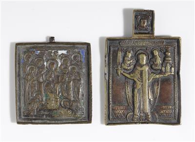 Zwei kleine Metallikonen: "Hl. Nikolaus von Mozajsk"  &  "Deesis mit Heiligen" , - Antiques and art