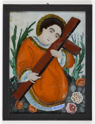 Hinterglasbild "Das Christuskind mit dem Kreuz", Sandl in Oberösterreich, 19. Jahrhundert - Kunst & Antiquitäten