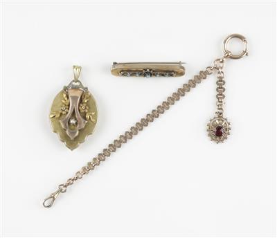 1 Medaillon, 1 Broche, 1 kurze Uhrkette, um 1900 - Klenoty a Hodinky