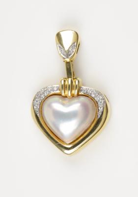 Diamant Perlmutt Herzanhänger, zus. ca. 0,80 ct - Schmuck & Uhren