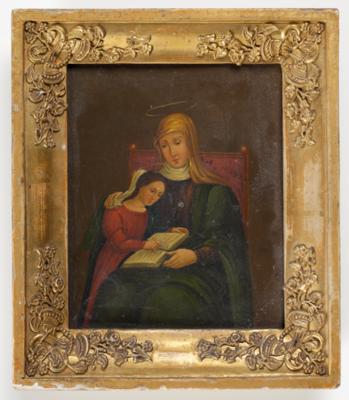 Andachtsbild "Hl. Anna lehrt Hl. Maria das Lesen", 19. Jahrhundert - Kunst & Antiquitäten