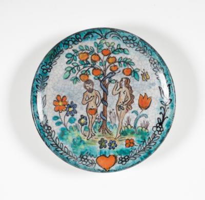 Kleiner Wandteller - Schale "Adam  &  Eva im Paradies", Schleiss Gmunden, 3. Viertel 20. Jahrhundert - Arte e antiquariato