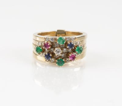 Brillant Rubin Smaragd Saphir Ring, Brillanten zus. ca. 0,60 ct - Jewellery & watches