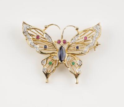 Brillant Rubin Smaragd Saphir Schmetterlingsbrosche - Schmuck & Uhren