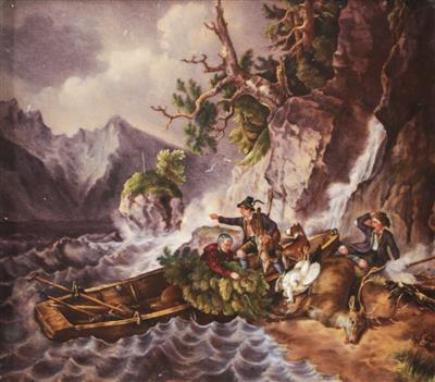 Porzellanbildplatte "Rückkehr von der Jagd mit aufziehendem Gewitter" nach Friedrich Gauermann (1807-1862), - Asta di autunno