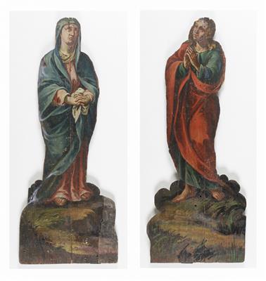 Zwei bäuerliche Assistenzfiguren einer Kreuzigungsgruppe - Hll. Maria und Johannes, Alpenländisch, 18. Jahrhundert - Herbstauktion