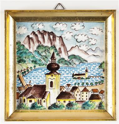 Bildplatte "Blick auf Gmunden und Schloss Orth im Traunsee", Entwurf Franz von Zülow (Wien 1883-1963) für Schleiss Gmunden - Asta di primavera