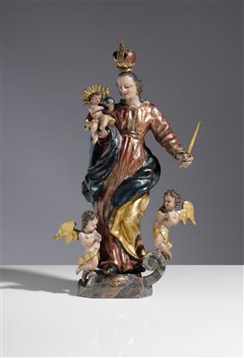 Gekrönte Madonna mit Christuskind und Engeln, Süddeutsch, 2. Hälfte 18. Jahrhundert - Aukce podzim