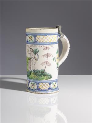 Walzenkrug "Amor", Gmunden, "Blau-bunte Periode", Mitte 18. Jahrhundert - Spring Auction