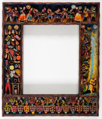 Aussergewöhnlicher Spiegeloder Bilderrahmen mit plastischen Figuren, Künstlerfamilie Jimenez, Peru, 20. Jahrhundert - Asta di primavera
