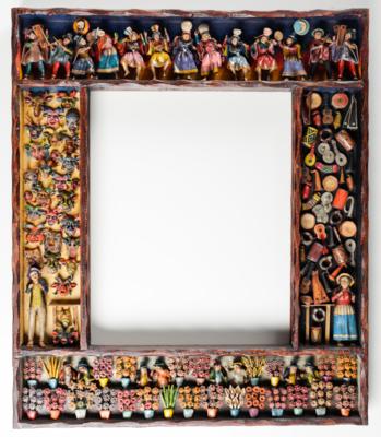 Außergewöhnlicher Spiegeloder Bilderrahmen mit plastischen Figuren, Künstlerfamilie Jimenez, Peru, 20. Jahrhundert - Asta di primavera