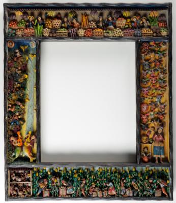 Außergewöhnlicher Spiegeloder Bilderrahmen mit plastischen Figuren, Künstlerfamilie Jimenez, Peru, 20. Jahrhundert - Jarní aukce