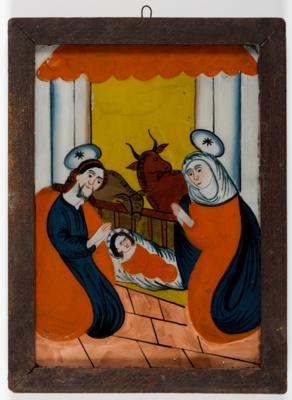 Hinterglasbild "Heilige Familie in der Weihnachtskrippe", Sandl, Oberösterreich, 19. Jahrhundert - Jarní aukce