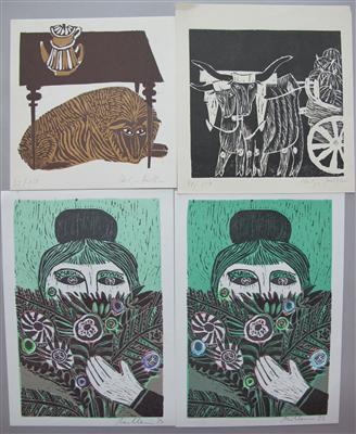 Helga MÜLLER-(EITERER)* (Wien 1933 - 2009 Salzburg) 4 Farbholzschnitte a)2x Frau hinter Blumenstrauß - Kunst, Antiquitäten und Schmuck