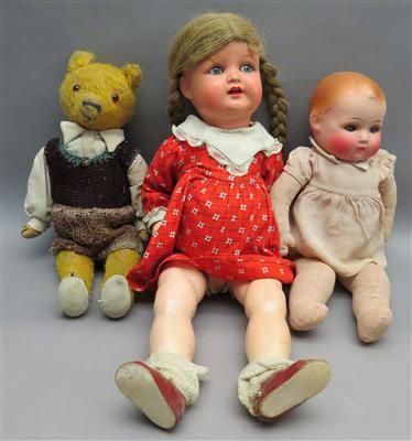 2 Puppen und 1 Teddybär um 1930/40 - Arte, antiquariato e gioielli