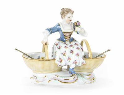 "Mädchen mit Blumenstrauß, sitzend auf einem Gewürzkörbchen", Fa. Meissen - Umění, starožitnosti, šperky