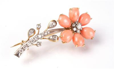 Brillant Diamant Korallenbrosche zus. ca. 0,55 ct - Umění, starožitnosti, šperky