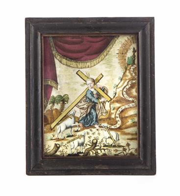 Klosterarbeit, Kreuz tragendes Jesuskind mit Lamm Gottes, 18. Jahrhundert - Schmuck, Kunst und Antiquitäten