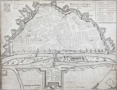 Grundrissplan der Stadt Regensburg mit Schwerpunkt der Befestigungen und der Gegend an der Donau - Klenoty, umění a starožitnosti