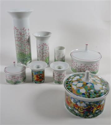 3 Vasen, 3 Deckeldosen, 2 Kerzenhalter "Berlin", Formentwurf Hans Theo Baumann, Rosenthal, Studio-Linie, 80er Jahre - Kunst, Antiquitäten und Schmuck