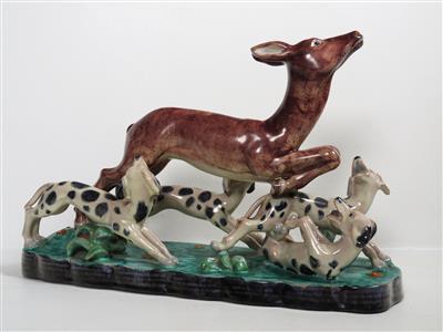 Rehbockhatz mit vier Hunden, Gmundner Keramik, 60er-Jahre - Arte, antiquariato e gioielli