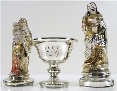 2 Silberglas-Figuren, 1 Fußschälchen, Böhmen 2. Hälfte 19./Anfang 20. Jahrhundert - Art, antiques and jewellery