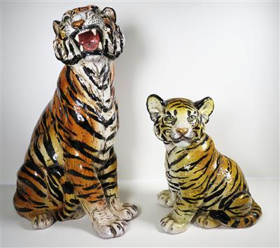 Zwei Tierfiguren - Tiger und Junges, Italien, 20. Jahrhundert - Klenoty, umění a starožitnosti