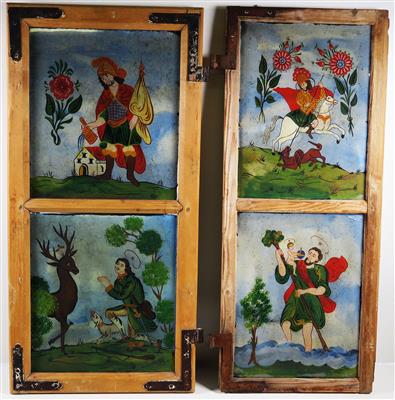 Zwei Nadelholz-Fensterrahmen des 19. Jahrhunderts mit später hinzugefügten Hinterglasbildern des 20. Jahrhunderts - Klenoty, umění a starožitnosti