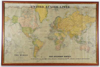 Landkarte der Welt mit Einzeichnung der Schifffahrtslinien der "United States Lines" - Gioielli, arte e antiquariato