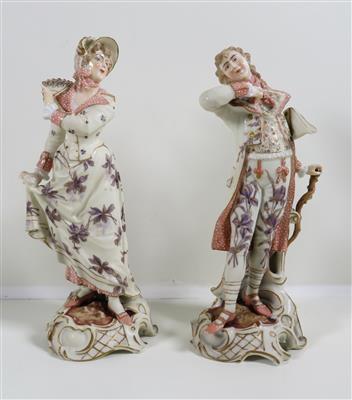 Galantes Paar, die Dame mit Fächer, der Herr mit Stock, um 1900 - Gioielli, arte e antiquariato