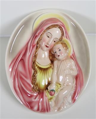Wandrelief, Heilige Maria mit Kind, Fa. Keramos - Wien - Klenoty, umění a starožitnosti