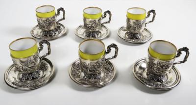 6 Wiener Mokkatassen mit Untertassen aus Silber mit Porzellaneinsätzen - Schmuck, Kunst & Antiquitäten