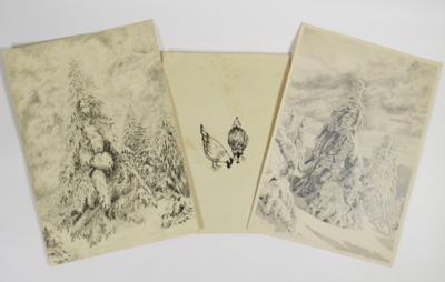 2 Bleistiftzeichnungen von Bäumen im tiefen Winter - From the estate of SEPP FORCHER