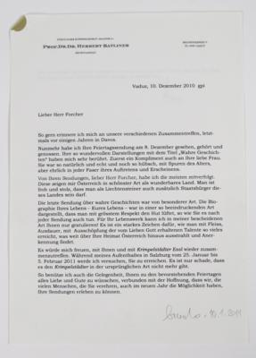 Schreiben des Fürstlichen Kommerzialrates und Senators Prof. Dr. Herbert Batliner aus Vaduz - Z pozůstalosti SEPP FORCHER