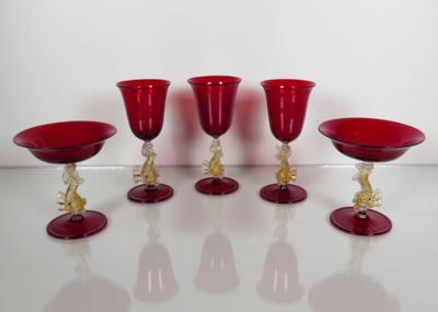 3 Pokal- und 2 Champagnergläser, Murano, 2. Hälfte 20. Jahrhundert - Antiques, art and jewellery
