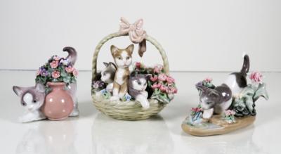 Katze mit Frosch, Katze mit Blumentopf, Blumenkorb mit drei Kätzchen, Lladro - Klenoty, umění a starožitnosti