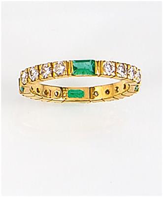 Brillant-Smaragd-Memoryring zus. ca. 0,90 ct - Schmuck, Taschen- und Armbanduhren - Kunst des 20. Jahrhunderts