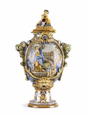 Italienische Prunk-Deckelvase, wohl Castelli, in Anlehnung an die Arbeiten der Brüder Carlo Antonio Grue - Easter Auction (Art & Antiques)