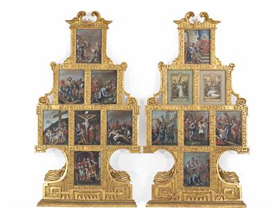 Paar Altaraufsätze mit Andachtsbilder-Zyklus, Alpenländisch, 18. Jahrhundert - Osterauktion