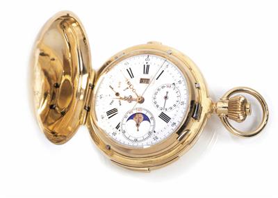 Seltene Herrentaschenuhr mit Minutenrepetition, Chronograph und Vollkalender - Gioielli, orologi, arte del XX secolo