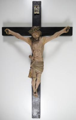 Volkstümliches Kruzifix nach mittelalterlichem Vorbild, 18./19. Jahrhundert - Asta di Natale - Argenti, vetri, porcellane, incisione, militaria, tappeti